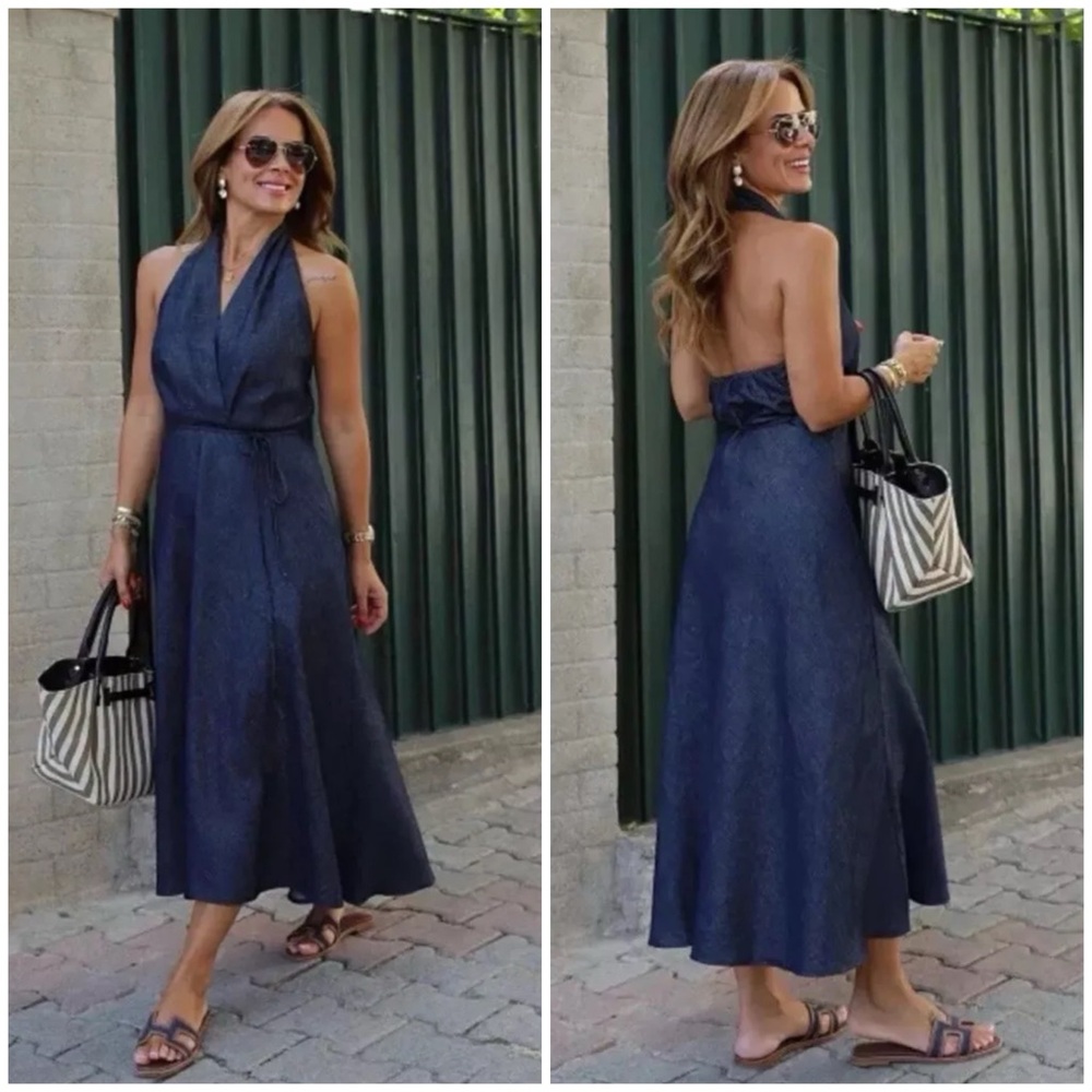 ZARA FW24 DENIM HALTER MIDI DRESS M ZW COLLECTION BLUE 5216/241
